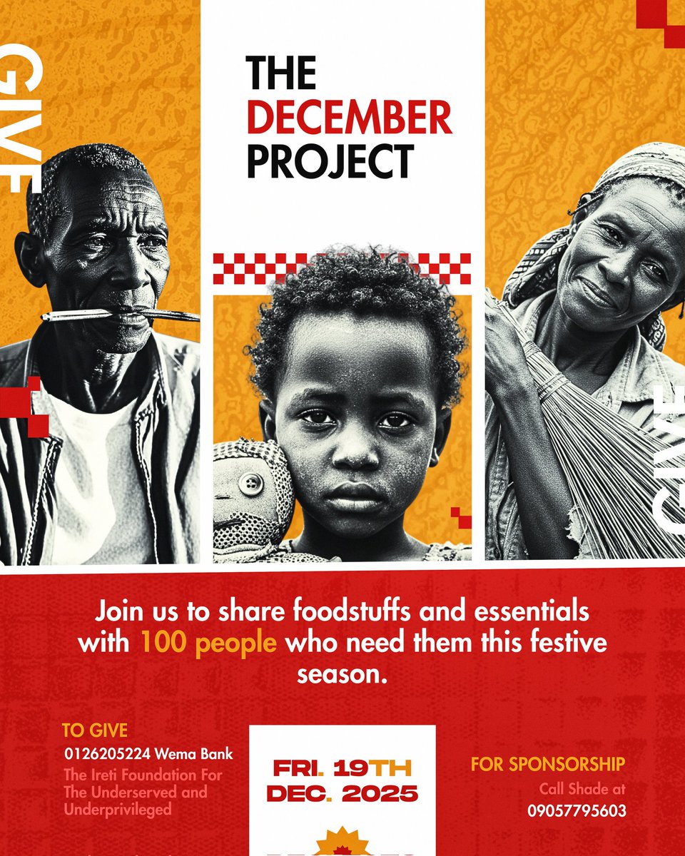 This December, we’re bringing Christmas to the everyday heroes who keep our city moving and are often unseen. 

Help us put a smile on 100 faces this season.

Donate: Wema 01262025224 | DM us | Link in bio

#TheDecemberProject #IretiFoundation #Feed100 #JoyForChange