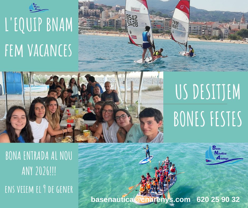 L'equip BNAM fa vacances
El proper diumenge dia 30 nov. serà el darrer dia que obrim la Base.
I tornarem amb ganes i energia renovada el proper 9 de gener del 2026
Bones Festes i millor entrada al nou any
<a href="/vela_cat/">Federació Catalana de Vela</a> <a href="/radioarenys/">Ràdio Arenys</a> <a href="/bcnautica/">Barcelona Capital Nàutica</a> <a href="/AjArenys/">Aj. Arenys de Mar</a> <a href="/esportcat/">Esports</a> <a href="/diba/">Diputació de Barcelona</a>