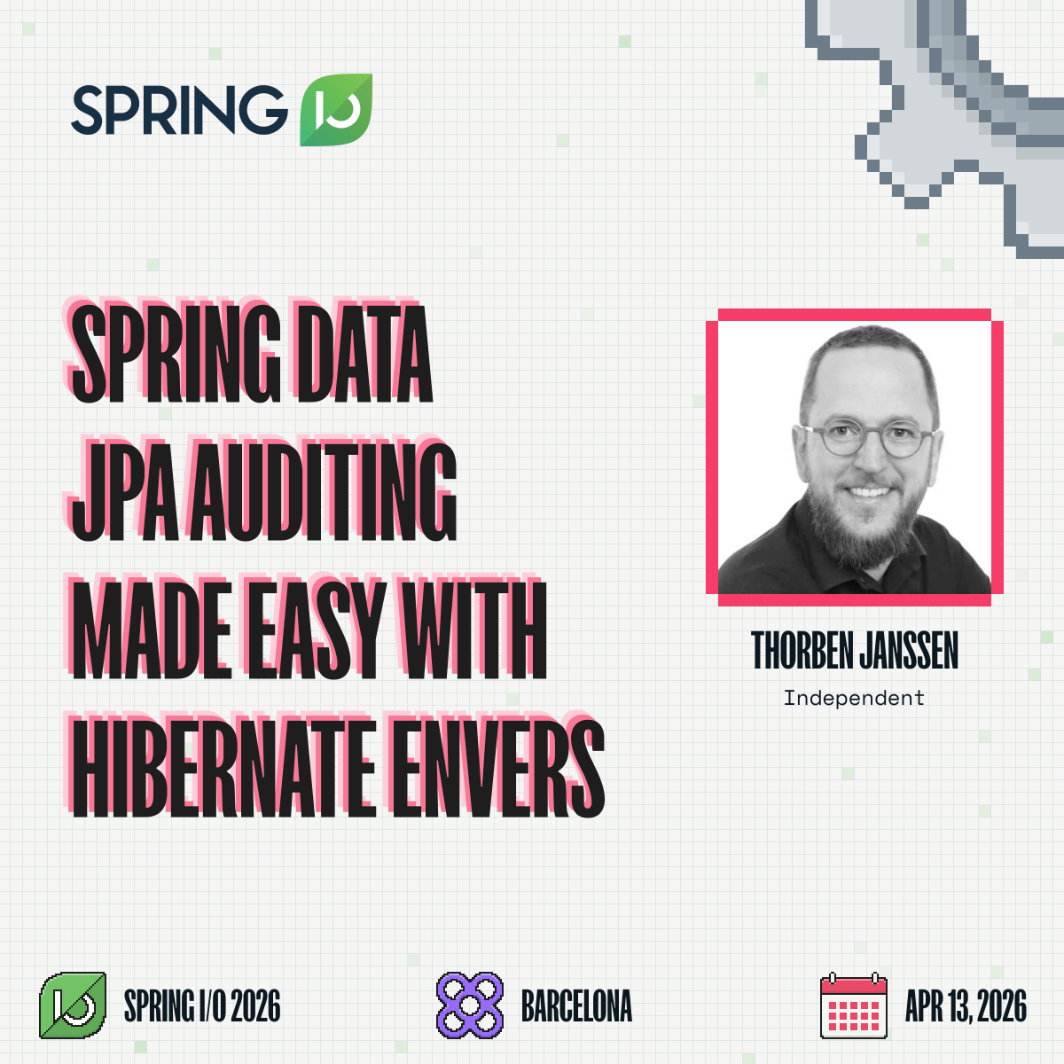 spring_io's tweet image. New pre-conference workshop for Spring I/O 2026! 🎉

&quot;Spring Data JPA Auditing Made Easy with Hibernate Envers&quot; with @thjanssen123 

Learn how to add reliable, fully automated auditing to your Spring applications without boilerplate code.

👉2026.springio.net/workshops/spri…