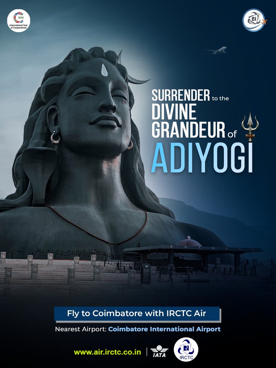 IRCTCofficial's tweet image. The majestic,112-feet-tall Adiyogi Shiva statue, located at the Isha Yoga Complex, is a sight to behold. Fly to Coimbatore to witness this marvel and surrender yourself to the divine grandeur of Lord Shiva. 

Book flights on IRCTC Air now &amp;amp; enjoy: 
- Free travel insurance worth…