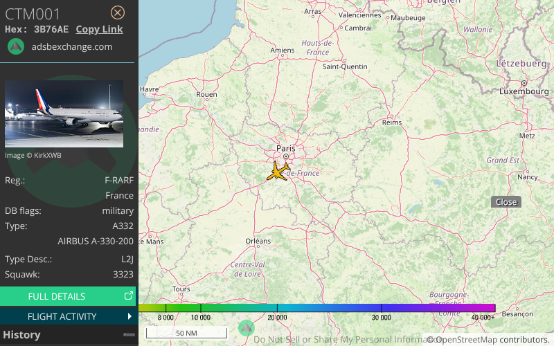 🛫 L'AIRBUS A-330-200 F-RARF CTM001 de la flotte de l'ET 060 a été détecté à 4 700 ft près de l'aéroport Aéroport de Villacoublay (VIY/LFPV) - Suivi: globe.adsbexchange.com/?hideSidebar&h…