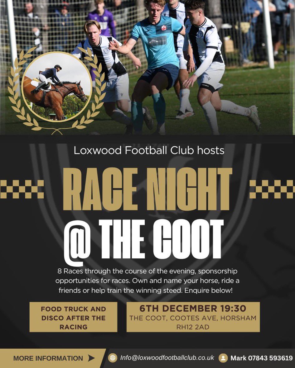 ⚪️⚫️⚽️ RACE NIGHT ⚽️⚪️⚫️

Please join us for our Race Night  to raise funds for the club.

It will be held at The Coot Pub in Horsham on 6th December

Come down enjoy the atmosphere and fun on the night the will be food, drink and 8 great races

We are looking for Race sponsors