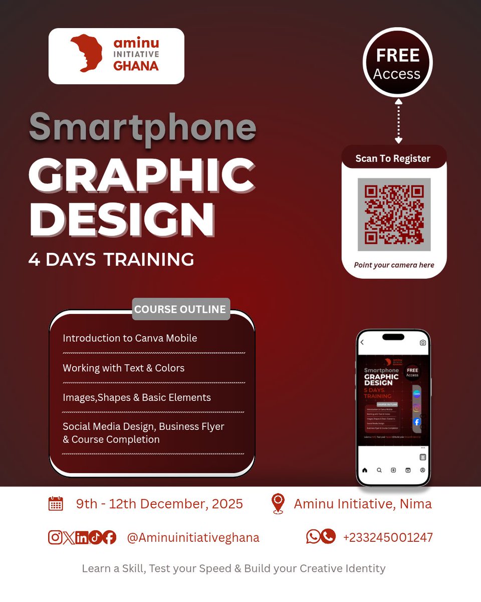 AminuInit_Ghana's tweet image. ✨ FREE 4-Day Training
🗓️ Date: 9th - 12th December, 2025

Ready to unlock your creativity?
👇 Register NOW by:
Scanning the QR Code
Calling/Texting: +233 24 500 1247
Clicking the WhatsApp Link: wa.me/qr/RTM2MKX5QKA…

#FreeTraining 
#CanvaDesign 
#AIG 
#Development