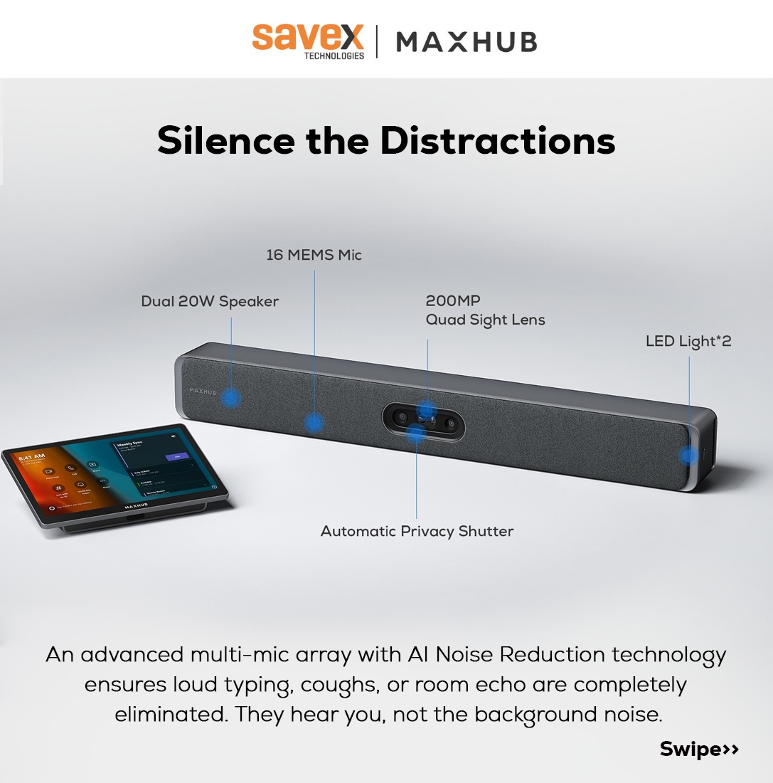 SavexTechnology's tweet image. Get studio-grade performance effortlessly. This sleek device combines camera, mic, and speaker, powered by intelligent features designed for the modern meeting.

#MAXHUBXBar #AISolutions #UnifiedCommunications #ProfessionalAudio #MeetingTech #Maxhub