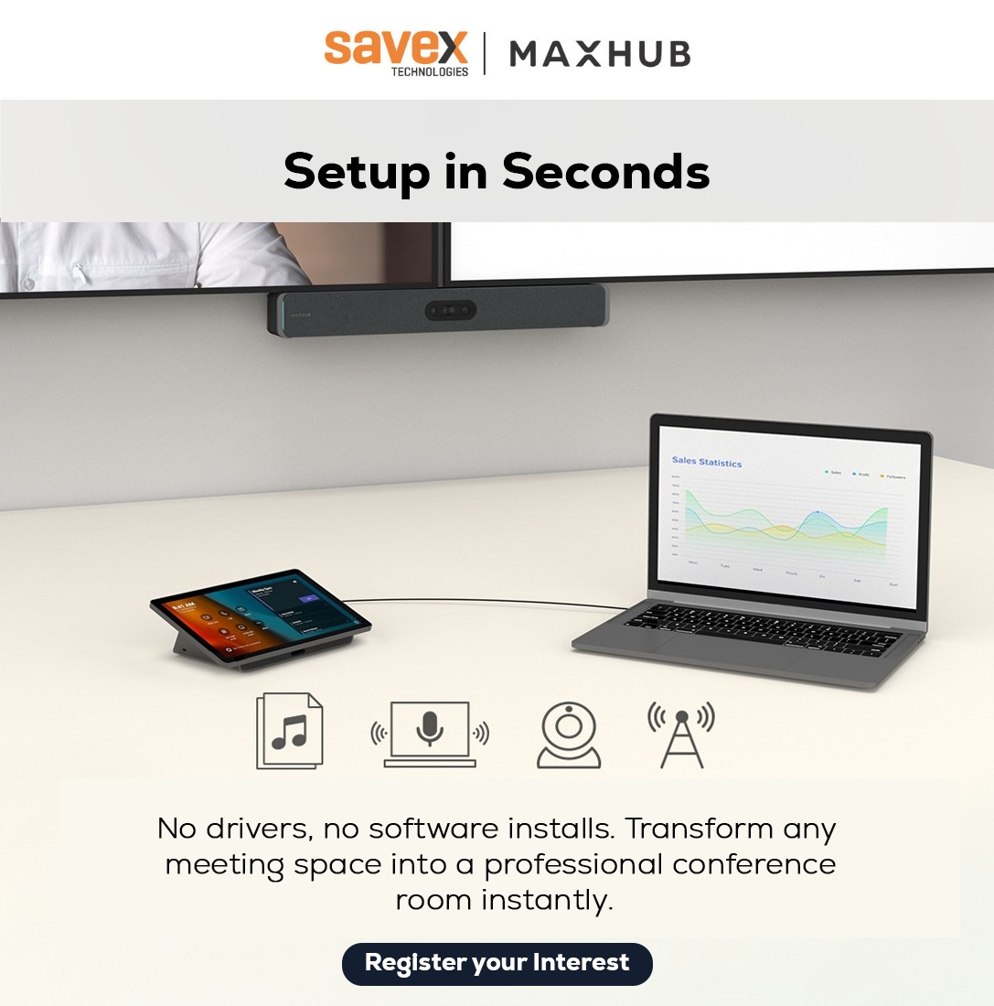 SavexTechnology's tweet image. Get studio-grade performance effortlessly. This sleek device combines camera, mic, and speaker, powered by intelligent features designed for the modern meeting.

#MAXHUBXBar #AISolutions #UnifiedCommunications #ProfessionalAudio #MeetingTech #Maxhub