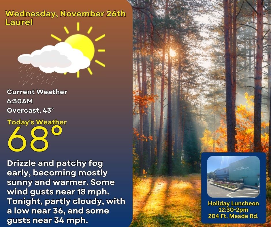 Cloudy start Nov. 26th, w/ some patchy fog &amp; rain early, becoming mostly sunny &amp; warmer, w/ a high near 68. Breezy, w/ some gusts near 18 mph. #WipersOnHeadlightsOn🚗 Windy tonight, w/ some gusts near 34 mph, so secure any loose outdoor objects! Partly cloudy, w/ a low near 36.