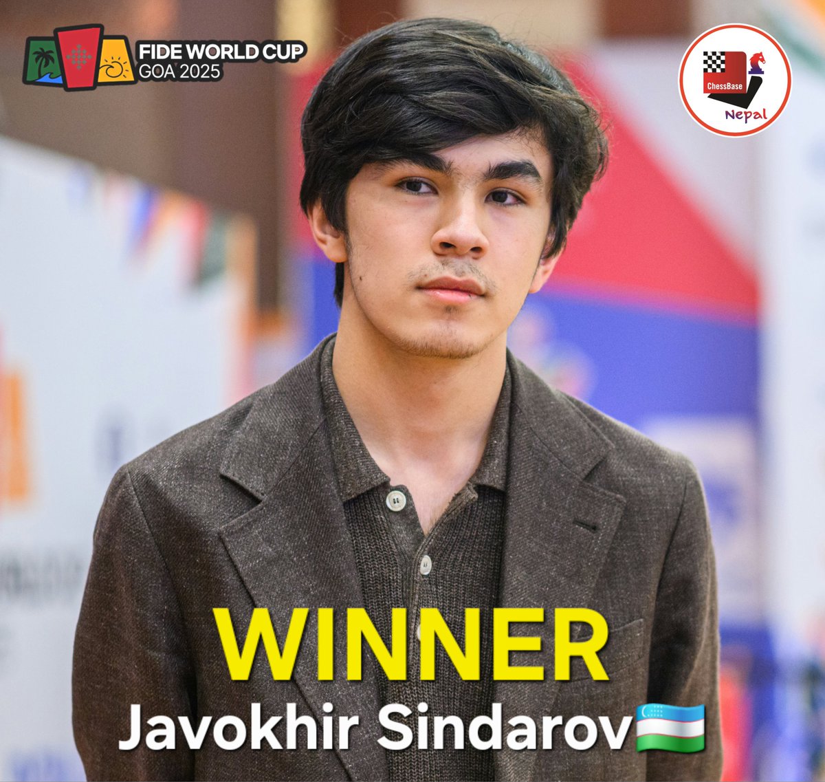 chessbasenepal's tweet image. Breaking: GM Javokhir Sindarov Wins the FIDE World Cup 2025.  Sindarov 🇺🇿 claimed the FIDE World Cup 2025 title after defeating GM Wei Yi 🇨🇳 in the tiebreaks of the final.👏 #FIDEWorldCup2025

📷️: Michal Walusza / @FIDE_chess