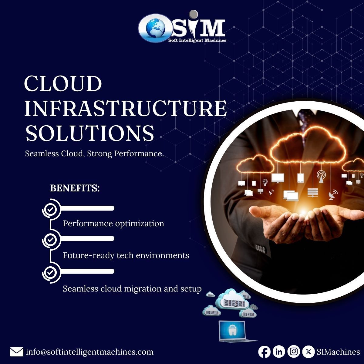 Simachines's tweet image. We provide secure, scalable cloud solutions, including hosting, virtualization, security, data storage optimization, hybrid/cloud-native deployments, and performance monitoring to align your cloud environment. Contact us at info@softintelligentmachines.com #CloudInfrastructure