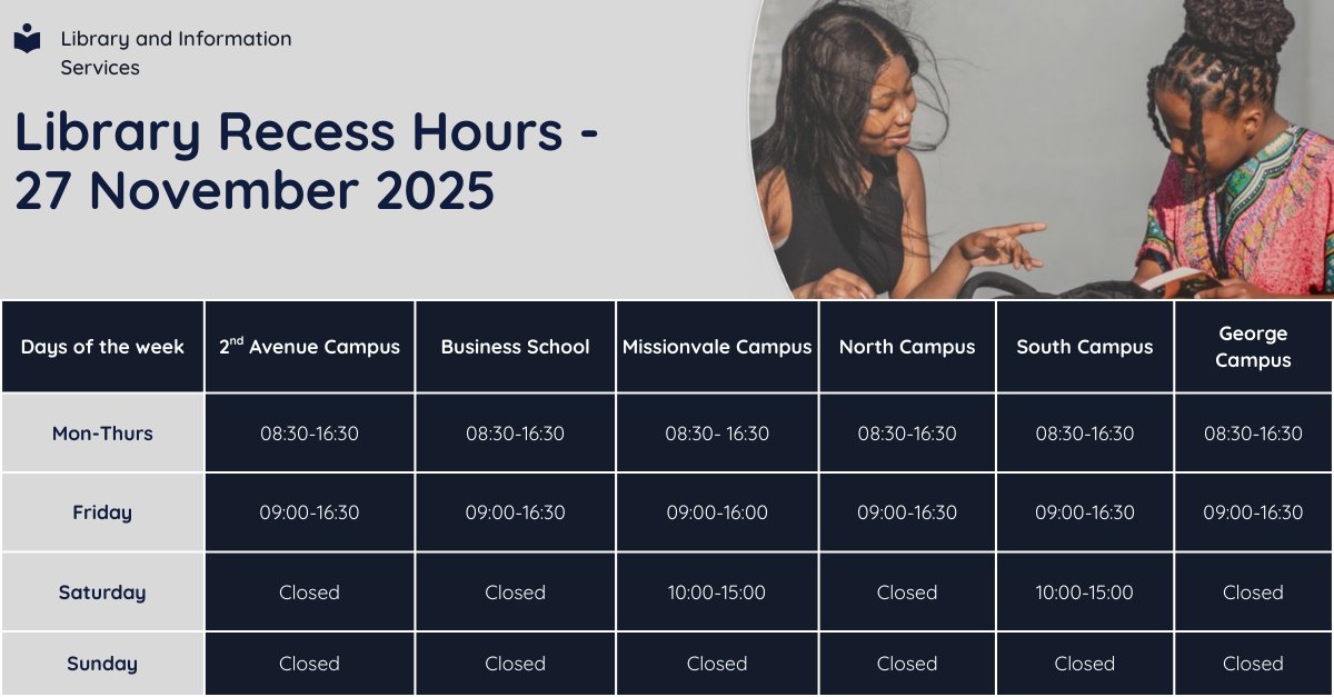 Library Recess Hours Update!
Dear Staff and Students,
Please note that the library will be operating on recess hours starting 27 November 2025.
To view the detailed schedule, kindly visit: library.mandela.ac.za/Library-Hours