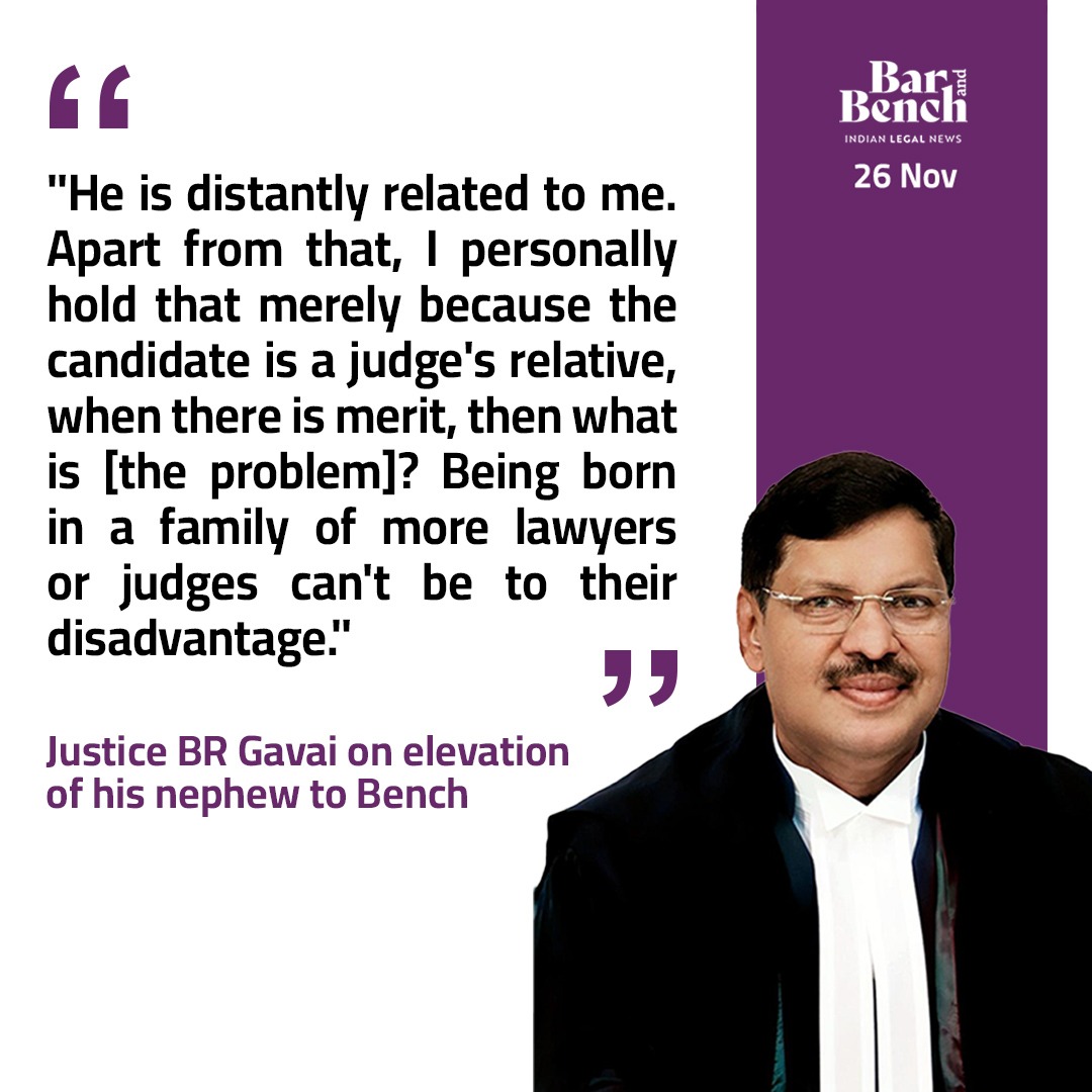 barandbench's tweet image. In an interview with Bar &amp;amp; Bench, Justice BR Gavai spoke the criticism he faced on being part of the collegium for elevation of his nephew to Bench.

He also spoke about Governor’s verdict, Delhi crackers, Justice Sreedharan transfer, dissents and Collegium.

Read the full…