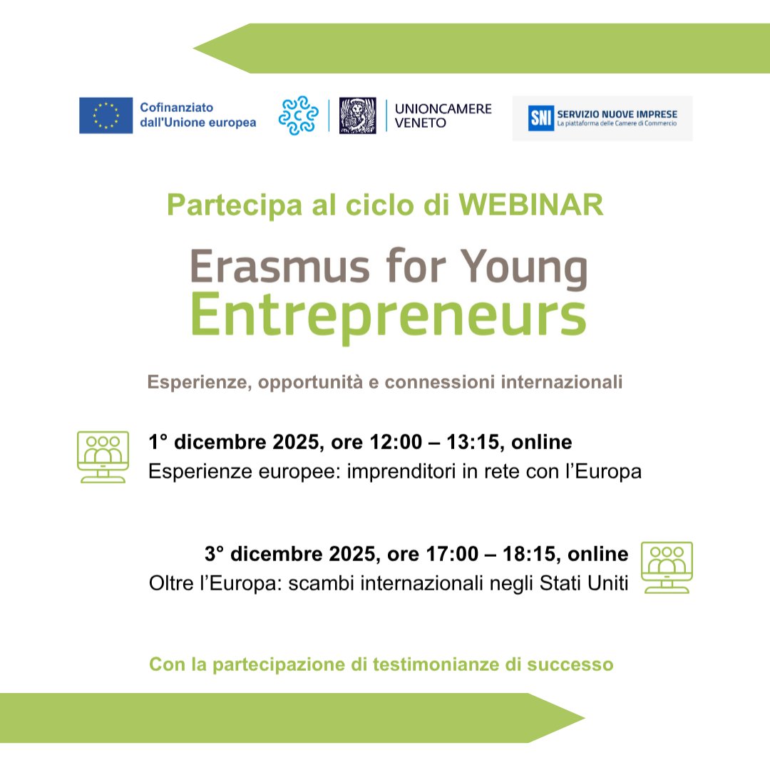 cnr_icmate's tweet image. Erasmus for Young Entrepreneurs è un programma di mentoring imprenditoriale co-finanziato dalla Commissione Europea
@unioncamereVEN organizza due webinar:
📅 1/12/2025 12–13:15
📅 3/12/2025 17–18:15

👉Registrazione: l.cnr.it/eye-webinar

#EENCanHelp
@CNRsocial_ @EEN_Italia