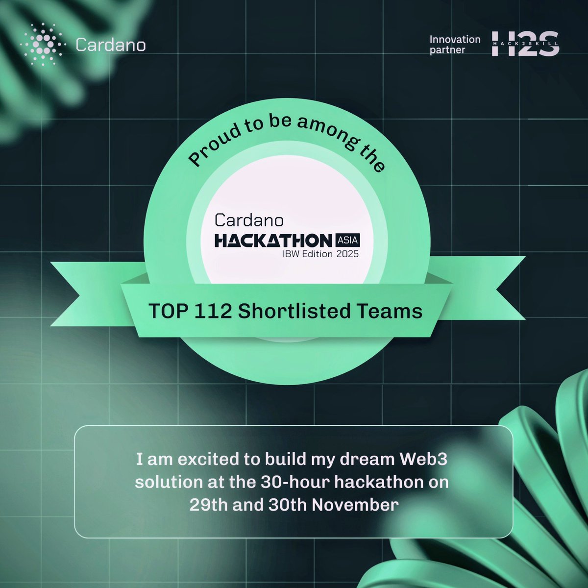 rgcode3's tweet image. Hello folks,
I’m thrilled to announce that my team has been shortlisted for the 30-hour offline hackathon of the Cardano Hackathon Asia IBW Edition 2025, powered by @Hack2skill.
Join us in Bengaluru at The Den on 29th–30th November! Wish us luck! 
#CardanoAsia #IBW2025 #Web3