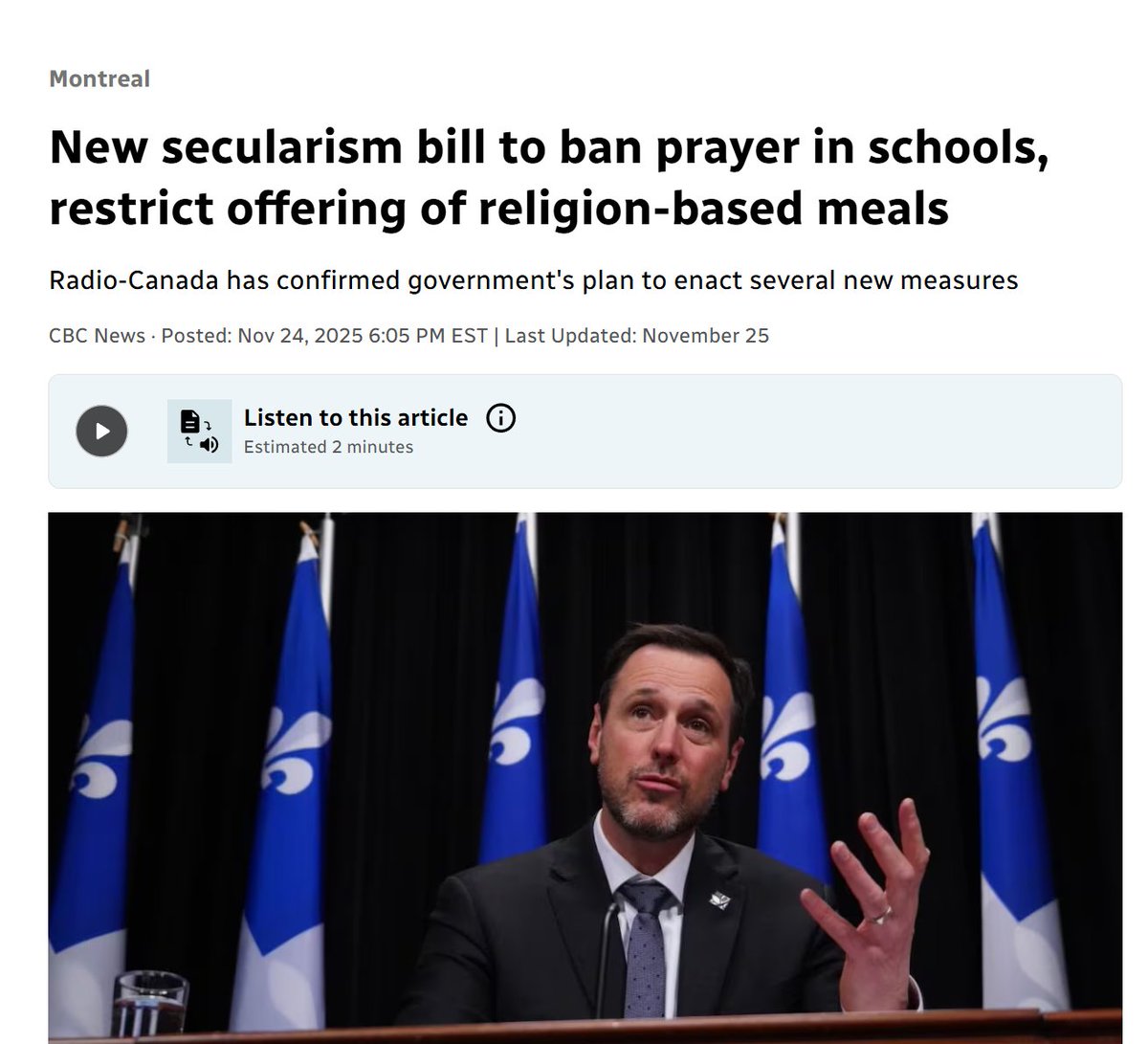 Tablesalt13's tweet image. 🚨MAJOR BREAKING

Quebec moves to BAN halal/kosher menus, prayer rooms and face coverings in public institutions. 

Expands ban on prayers in public. 

This is the way.