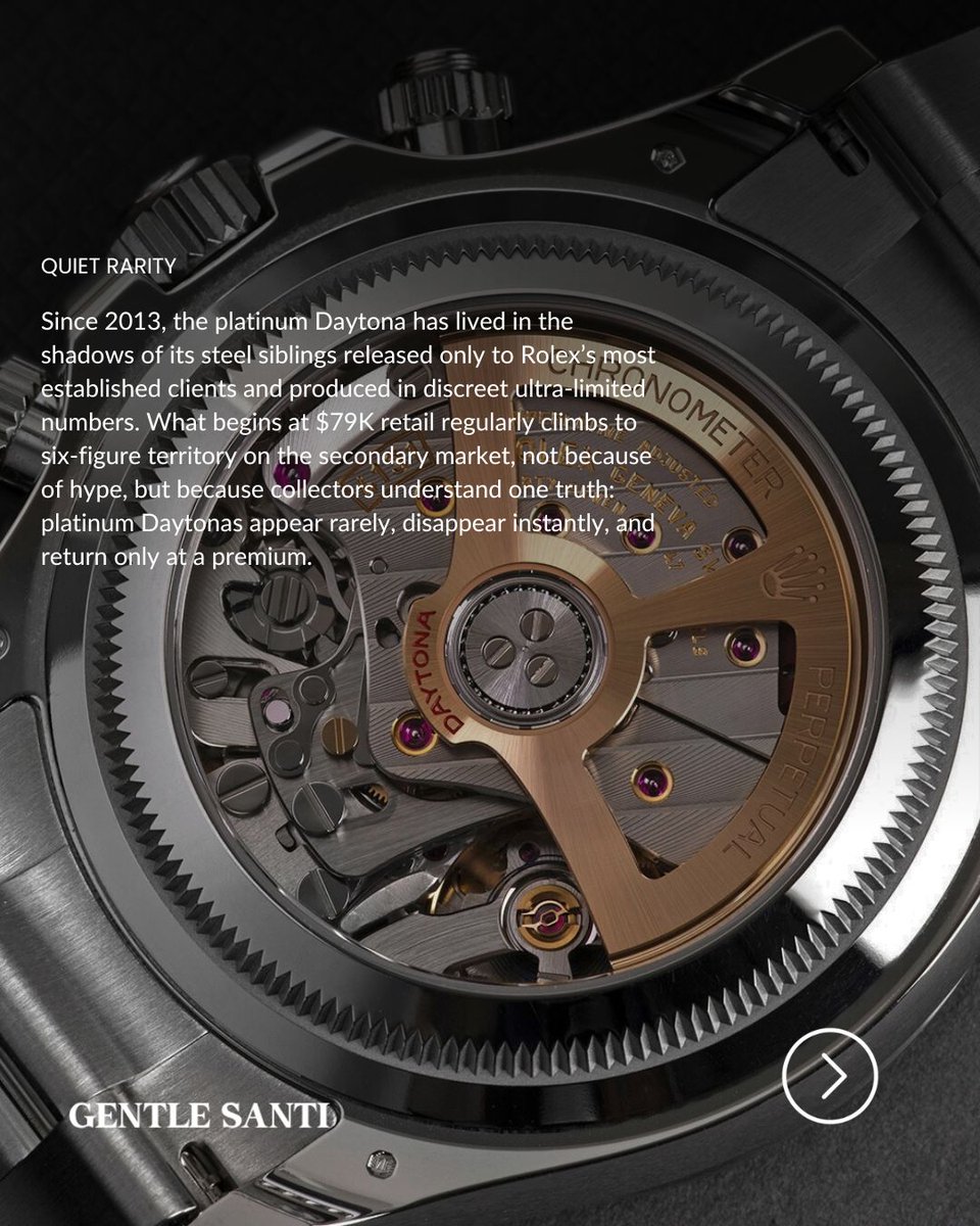GentleSanti's tweet image. The platinum Daytona: subtle, rare, and relentlessly desirable. Ice-blue dial, 950 platinum, 4131 movement collectors know, patience pays.

Media: @thewatchclub

#PlatinumDaytona #LuxuryWatchInvestment #CollectorsChoice #GentleSanti