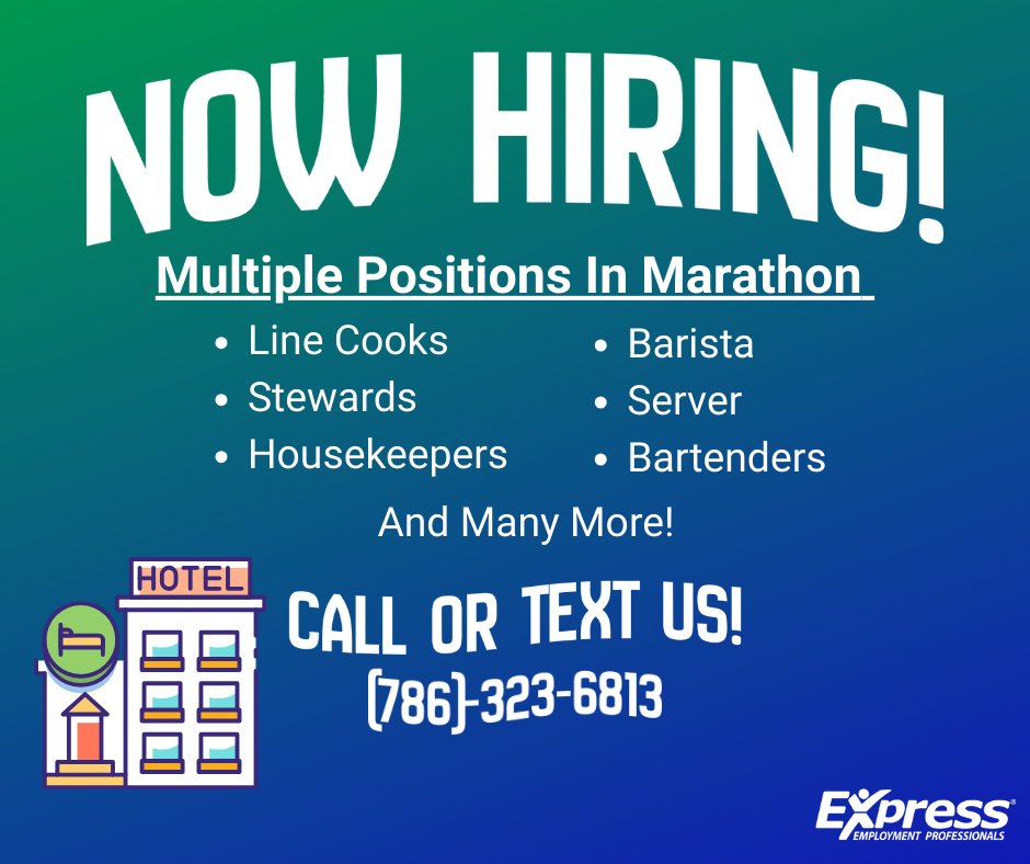 Looking for hospitality roles in Marathon! Call or text us at (786) 323-6813 to join our team today! 🏨✨ #Jobs #Marathon