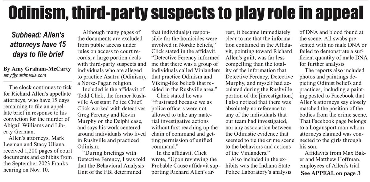 RosiePalfy's tweet photo. There’s a #RichardAllen story in today’s Carroll County Comet: “Odinism, third-party suspects to play role in appeal: Allen’s attorneys have 15 days to file brief” https://t.co/DtpuGJwdj3 #Delphi #Odinism #DelphiTrial #DelphiAppeal #DelphiMurders #RichardAllenTrial https://t.co/mEeZypLjiq