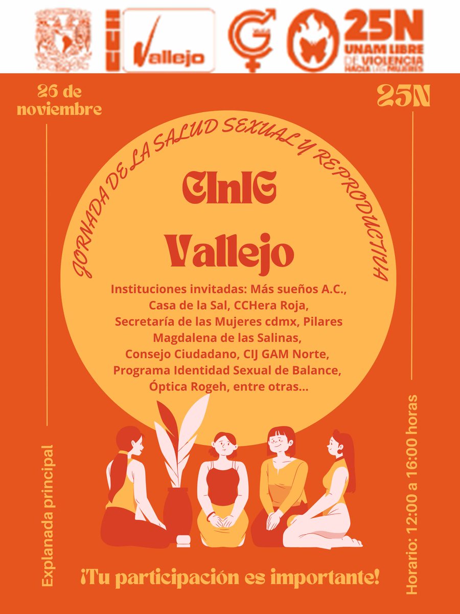 Continúan las actividades por el #25N 
🧡 con la jornada de la salud sexual y repoductiva.

La CInIG te invita a conocer las diversas instituciones y la información que tienen para ti.

Te esperamos:
🗓️ Hoy 
⌚ A partir de las 12 p.m.
📌 Explanada central.

#CCHVallejo
