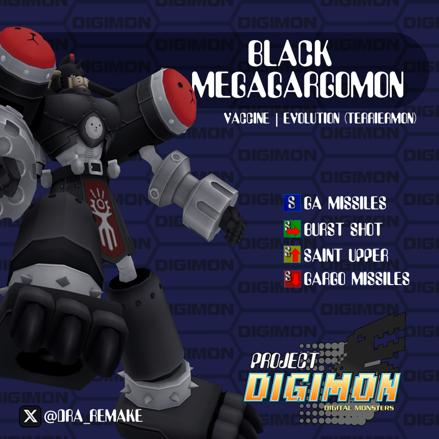 DRA_Remake's tweet image. BlackMegagargomon is a password character with a lot of punch packed behind them. They crank the original&apos;s firepower up to 11, bomb wrong with a comical amount of weapons from all over its body, erecting barriers, and throwing a storm of tracking missiles.

#projectdigimon