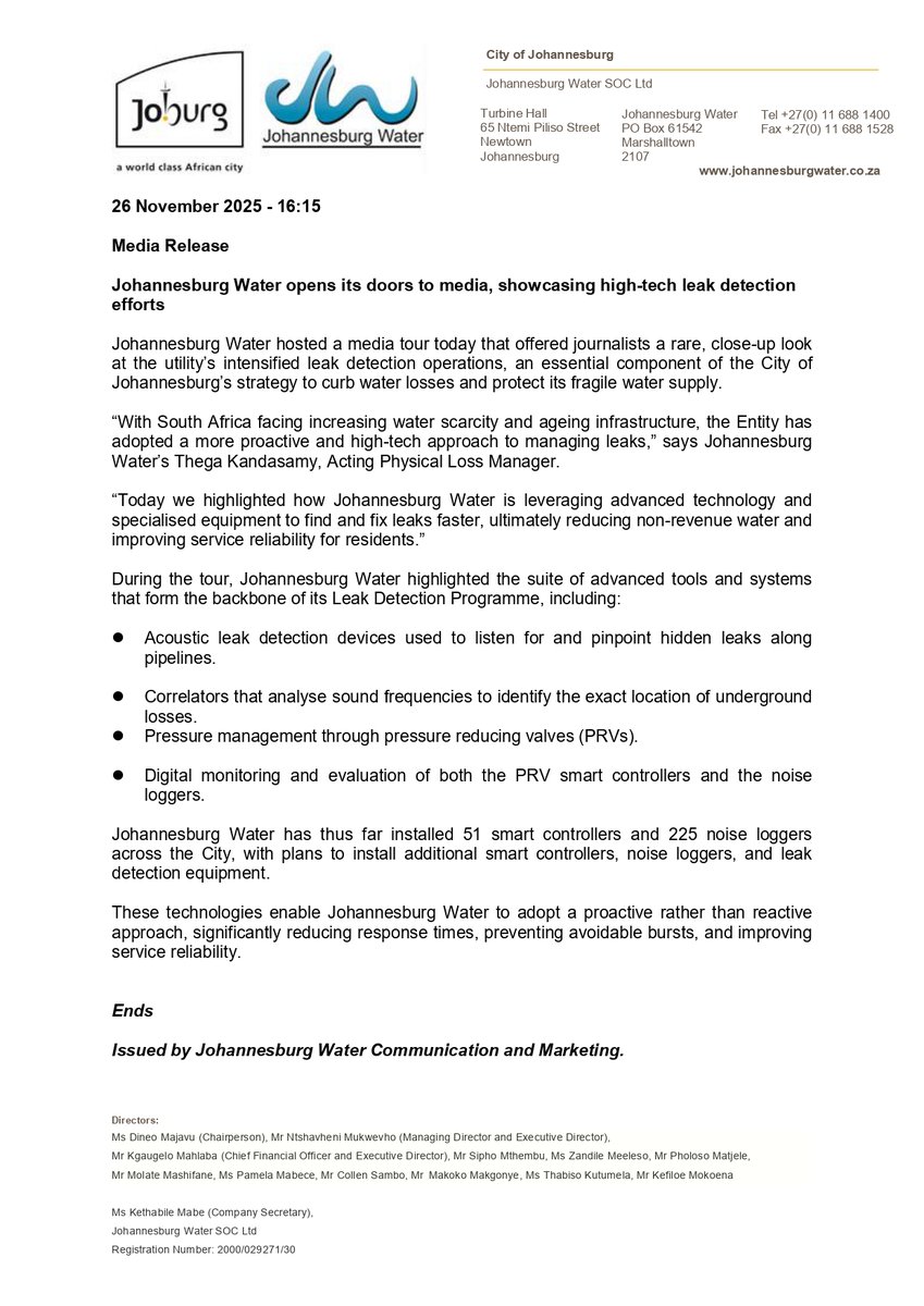 JHBWater's tweet image. Johannesburg Water opens its doors to media, showcasing high-tech leak detection efforts 

#JohannesburgWater #LeakDetection #MediaTour #WeServeJoburg