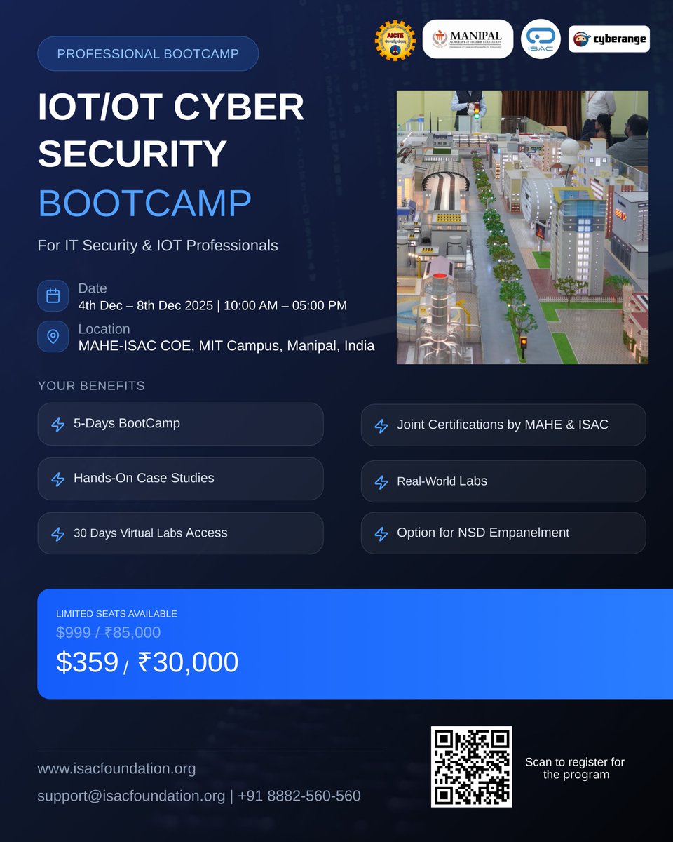 isacfoundation's tweet image. IOT–OT Security Bootcamp at MAHE–ISAC CS COE
                                                                               
#CyberSecurity #IOTSecurity #OTSecurity #CyberBootcamp #MAHE #ISAC #CyberRange #TechTraining #CyberAwareness #InfoSec #EthicalHacking #CyberDefense…