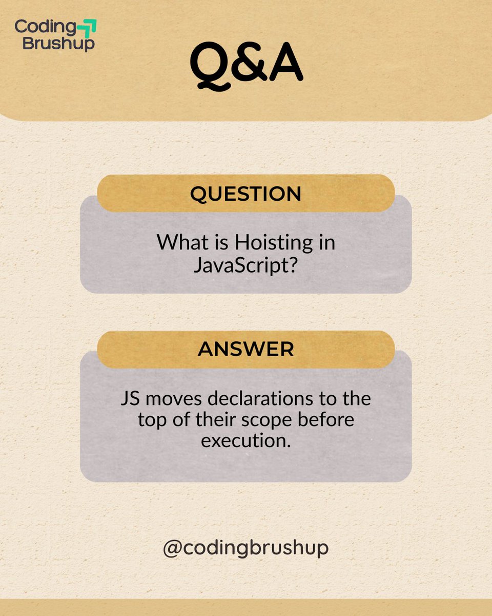Codingbrushup's tweet image. Hoisting in JavaScript = Declarations first, execution later. 🚀
#JavaScriptBasics #WebDev #CodingTips

codingbrushup.com
