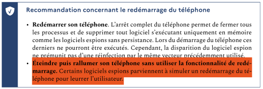 manhack's tweet image. L&apos;@ANSSI_FR recommande, non pas seulement de redémarrer son téléphone régulièrement, mais de l&apos;« Éteindre puis rallumer sans utiliser la fonctionnalité de redémarrage. Certains logiciels espions parviennent à simuler un redémarrage du téléphone pour leurrer l’utilisateur. »