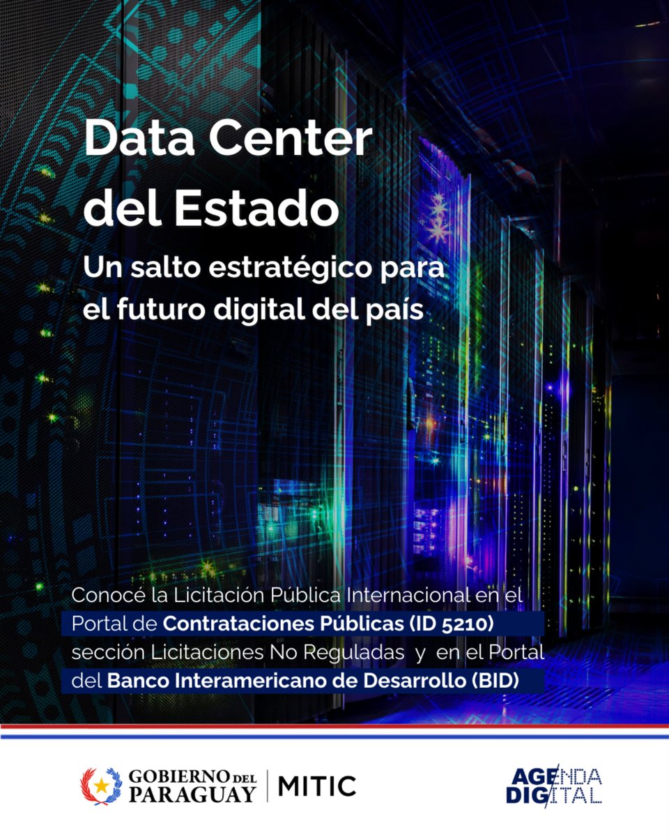 Miticpy's tweet image. 📡 Paraguay da un paso clave hacia su futuro digital

Impulsamos un Data Center Modular con certificación Tier III para fortalecer la nueva Nube-PY.

🇵🇾 Más disponibilidad, seguridad y eficiencia.

👉 Detalles del llamado: LIC No Reguladas, ID 5210 en contrataciones.gov.py.