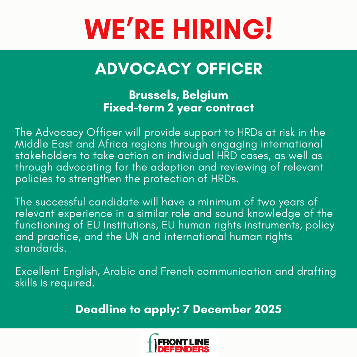FrontLineHRD's tweet image. 📢🌍Front Line Defenders is recruiting for an Advocacy Officer.

This is a 2-year fixed-term role based in the organisation’s Brussels office.

More information and how to apply can be found here👉zurl.co/A47ZS