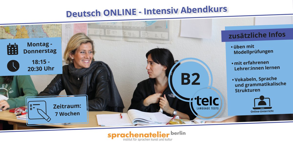 Du hast schon Deutschkenntnisse und möchtest flexibel von überall aus dein Deutsch auf das nächste Level heben? Unser Online-Intensivkurs ist ideal, um Konversation, Grammatik, Hörverstehen und Schreiben gezielt zu verbessern – ganz bequem digital. 

sprachenatelier-berlin.de/de/topic/3611.…