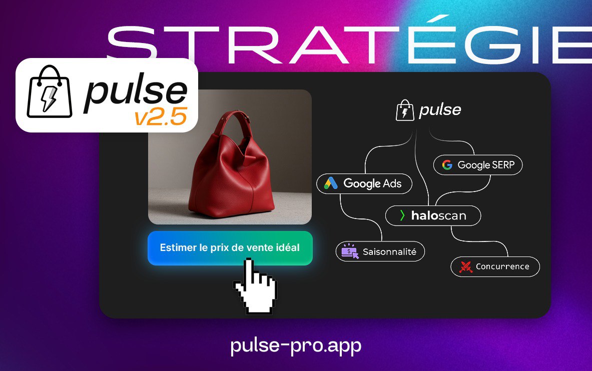 leroynicolasfr's tweet photo. 🚨 ANNONCE ! 🚨
FINI DE DEVINER VOS PRIX : PULSE ANALYSE LE MARCHÉ POUR VOUS

Soyons honnêtes : combien de fois avez-vous fixé un prix en vous disant "j'espère que c'est le bon" ? 😥

Combien de produits vendus trop cher (zéro vente) ou trop bas (marge sacrifiée) parce que vous n'aviez aucune idée de ce que faisait vraiment la concurrence ?

Aujourd'hui, ce problème n'existe plus.

On vous présente Intelligence Concurrentielle : le module qui transforme @pulse_pro_app en analyste de marché personnel.

Le principe est d'une simplicité criminelle 😈 :
→ Vous sélectionnez un produit
→ PULSE part en mission : il scanne le marché, identifie vos concurrents directs, analyse leurs prix, leur positionnement
→ En quelques minutes, vous obtenez : le prix recommandé, le prix agressif, vos marges prévisionnelles, les tendances saisonnières, et même une estimation du CA potentiel du marché

Ce que ça change concrètement pour vous :
✅ Vous ne laissez plus 20-30% de marge sur la table par manque d'info
✅ Vous identifiez instantanément les opportunités (produits sous-exploités, niches à fort potentiel)
✅ Vous savez exactement quand lancer vos promos pour maximiser l'impact
✅ Vous validez un produit AVANT d'investir dans le stock

PULSE ne rédige plus seulement votre contenu.
Il défend maintenant votre rentabilité.

C'est VOTRE APP, pour VOTRE business.
https://t.co/hb6GkruA7z