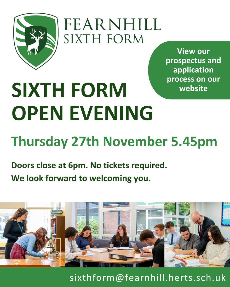 FearnhillSchool's tweet image. A reminder that Fearnhill’s Sixth Form Open Evening is tomorrow, Thursday 27th November at 5.45pm. We can’t wait to see you there!

#sixthform #openevening #fearnhillschool
