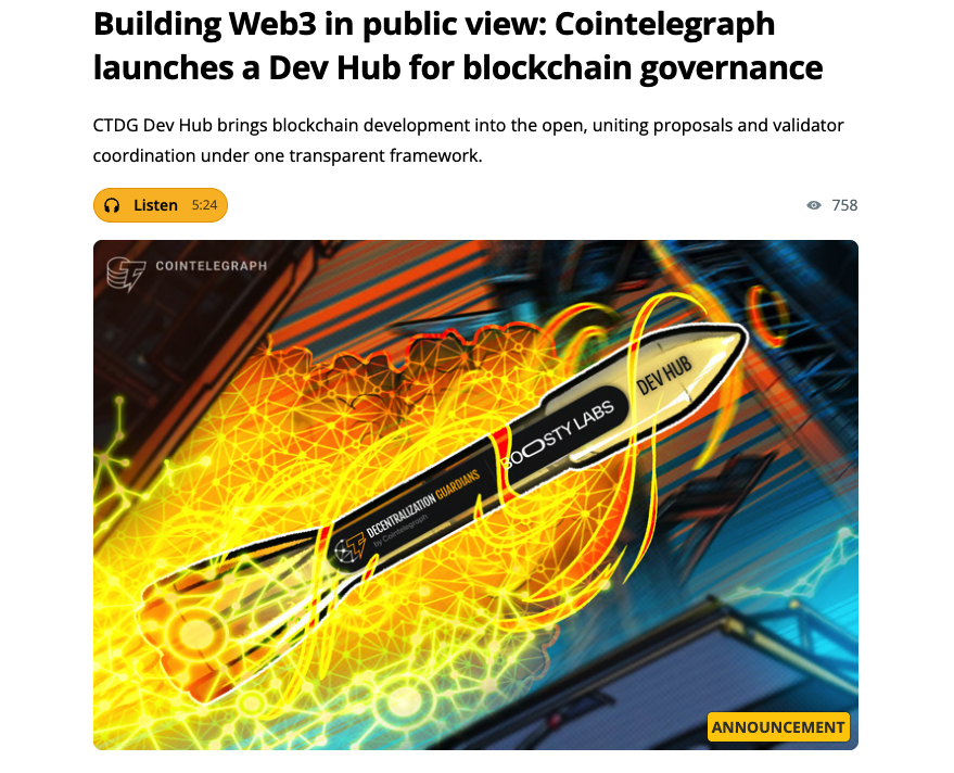 We partnered with <a href="/Cointelegraph/">Cointelegraph</a> to build the CTDG Dev Hub ringing blockchain governance out of closed rooms and into public view.

Real-time collaboration. Full transparency. 

👀 cointelegraph.com/news/building-…