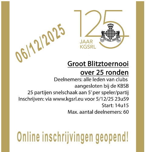 KGSRL401's tweet photo. De KGSRL vierde op 25 oktober zijn 125ste verjaardag.  Om deze speciale gebeurtenis op schaakvlak passend te vieren wordt o.a. een blitztoernooi over 25 ronden (25x5=125) met een zeer aantrekkelijke prijzenpot georganiseerd. Online inschrijven: https://t.co/dNw3RMumnX https://t.co/qalFrflu8p