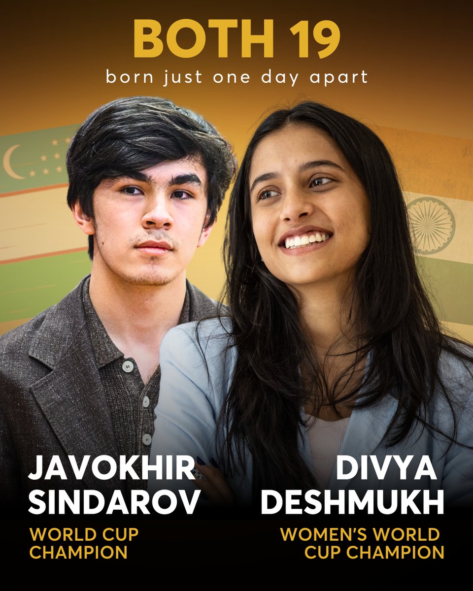 What do 🇺🇿 Javokhir Sindarov and 🇮🇳 Divya Deshmukh have in common?

🏆 World Cup champions
🤩 Both 19 years old
😱 Birthdays one day apart. Divya on December 9 and Javokhir on December 8
🔥 Two remarkable runs that now lead straight to the 2026 Candidates &amp; Women's Candidates