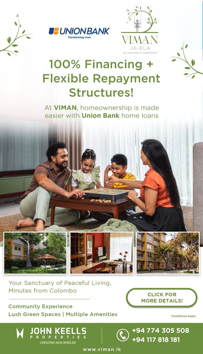 A home where comfort meets convenience. With 100% financing from Union Bank Home Loans, your dream home at Viman Ja-Ela is closer than ever.

Call 0117 818181 now

#UnionBankofColomboPlc #UnionBankSL