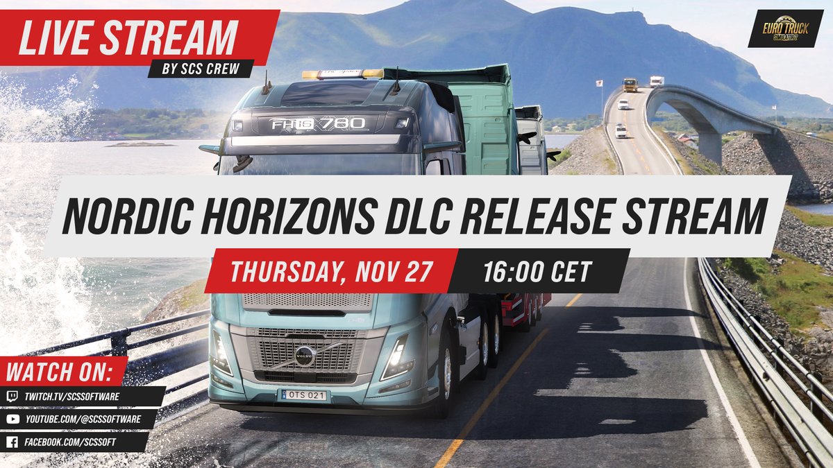 SCSsoftware's tweet image. The countdown is on 🥳

Join us tomorrow from 4 PM CET as we countdown to the release of the Nordic Horizons DLC, featuring special guests involved in its creation, giveaways &amp;amp; more! 🙌

Tune in at:
🟣 Twitch.tv/SCSSoftware
🔴 YouTube.com/SCSSoftware
🔵 Facebook.com/SCSSoft