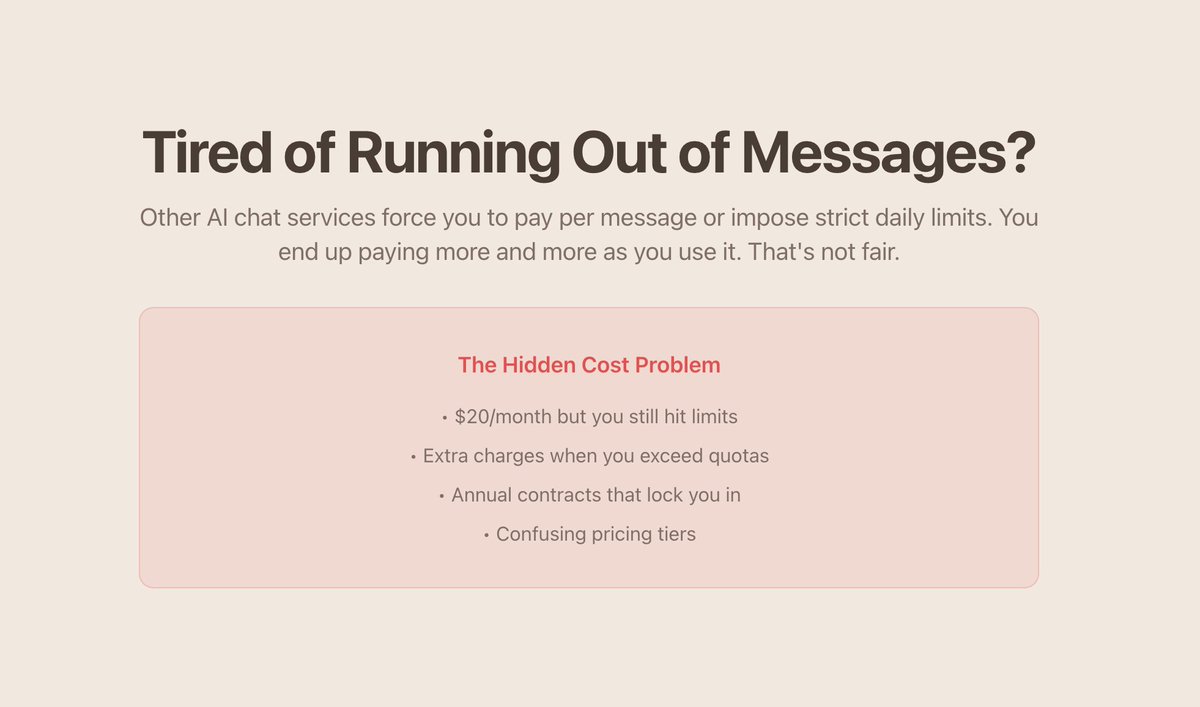 InfiniChatAI's tweet image. Tired of Running Out of Messages?
Other AI chat services force you to pay per message or impose strict daily limits. You end up paying more and more as you use it. That&apos;s not fair.

infinichatai.com