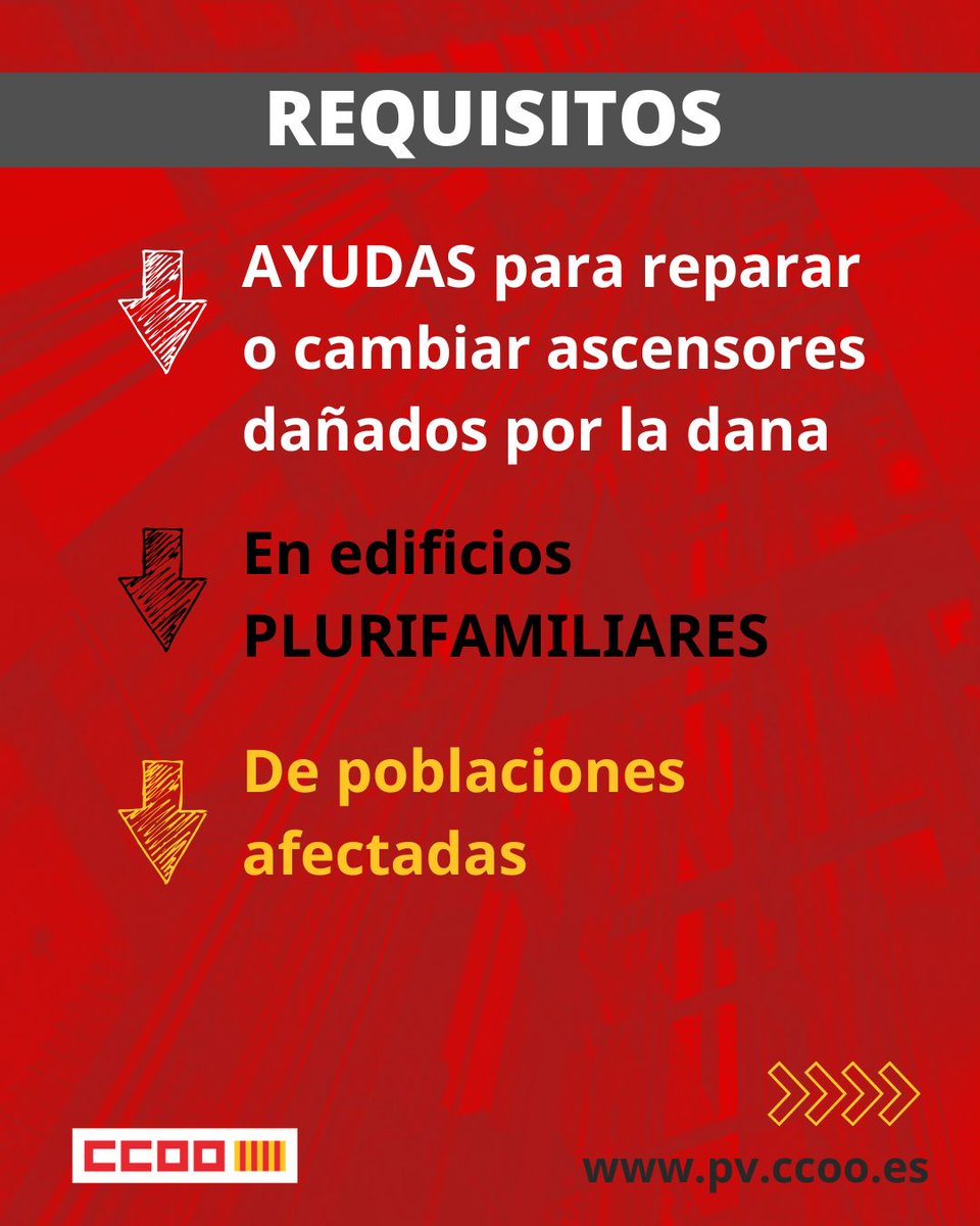 ccoopv's tweet photo. #CCOOPVInforma
📣AYUDAS para reparar o cambiar ASCENSORES dañados por la dana (personas con discapacidad (movilidad reducida) o dependencia II y III )
📆 Hasta el 20 de febrero de 2026
🔗 https://t.co/UBMJQi10Jg
📧 politicasocial@pv.ccoo.es
📲 963 882 100 https://t.co/cpc4NOEBBN