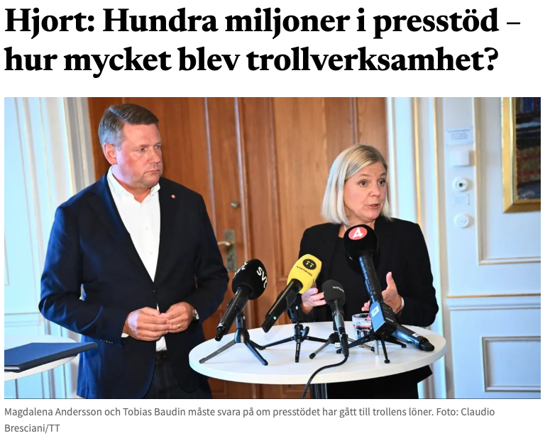 BulletinLedare's tweet image. "AIP har fått runt 100 miljoner kronor i presstöd sedan 1999. Nu växer misstankarna om att en del av dessa skattemedel kan ha gått till att driva Socialdemokraternas trollfabrik." bulletin.nu/hjort-hundra-m…