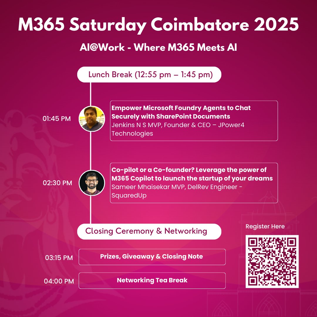Agenda dropped!
A packed day of AI, Copilot, Azure &amp; M365 sessions awaits you at AI@Work 2025.
Don’t miss out — 3 days left!

Register now: tickettailor.com/events/m365sat…

#M365Coimbatore