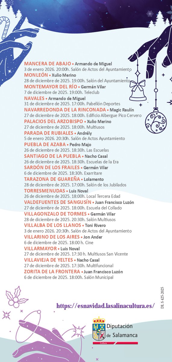 🧙‍♂️Presentación del Ciclo de Magia en la provincia de Salamanca 2025/26:🎄"𝗡𝗼𝗰𝗵𝗲𝘀 𝗠𝗮́𝗴𝗶𝗰𝗮𝘀 𝗲𝗻 𝗡𝗮𝘃𝗶𝗱𝗮𝗱" 🪄El ciclo 𝗹𝗹𝗲𝗴𝗮𝗿𝗮́ 𝗮 𝟯𝟰 𝗺𝘂𝗻𝗶𝗰𝗶𝗽𝗶𝗼𝘀. Programación completa: bit.ly/Noches-Mágicas…
<a href="/dipusalamanca/">dipusalamanca</a>