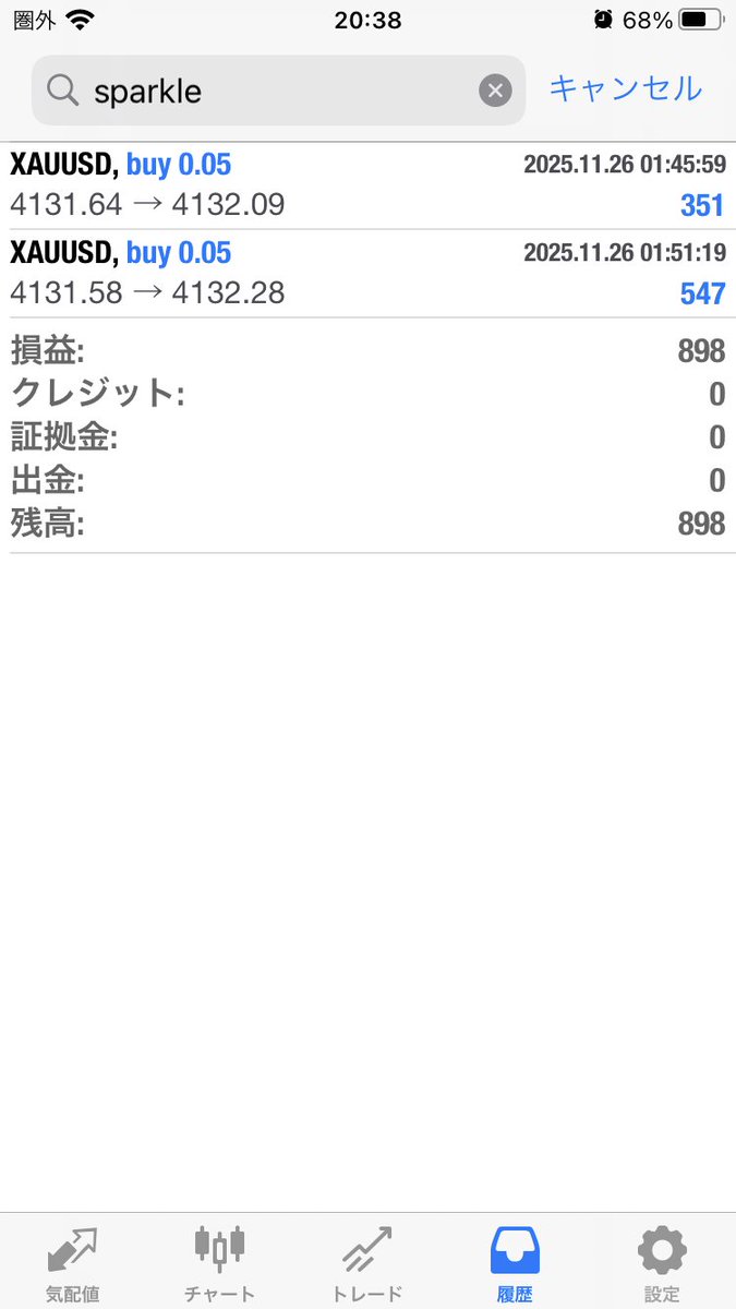 MRCN280629321's tweet image. 11/26 朝スキャ gold の結果です。

sparkle
　+898

gold SELL
　0

#朝スキャ
#gold