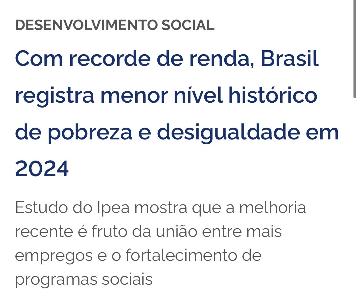O Ipea confirma: o Brasil voltou a crescer com inclusão. A renda per capita atingiu o maior nível da história, enquanto a pobreza e a desigualdade caem ao menor patamar. Parabéns presidente <a href="/LulaOficial/">Lula</a> pelo trabalho sério e pela retomada das políticas sociais no nosso país 🇧🇷✨