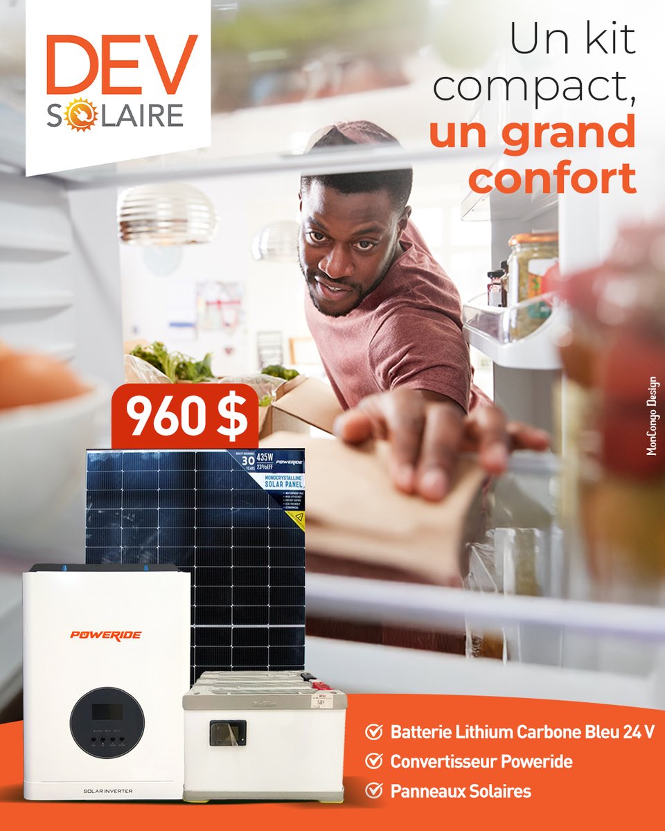 MonCongoRDC's tweet image. Un kit solaire pensé pour l’essentiel :

Batterie Lithium 24V
Convertisseur Poweride
Panneaux performants

Idéal pour : congélateur 150–250 L, TV 32–43’’ + décodeur, 5 lampes, charge téléphone.

Prix : 960 $

Disponible chez Dev Solaire
02, av. Maniema, Q/Makutano, Lubumbashi