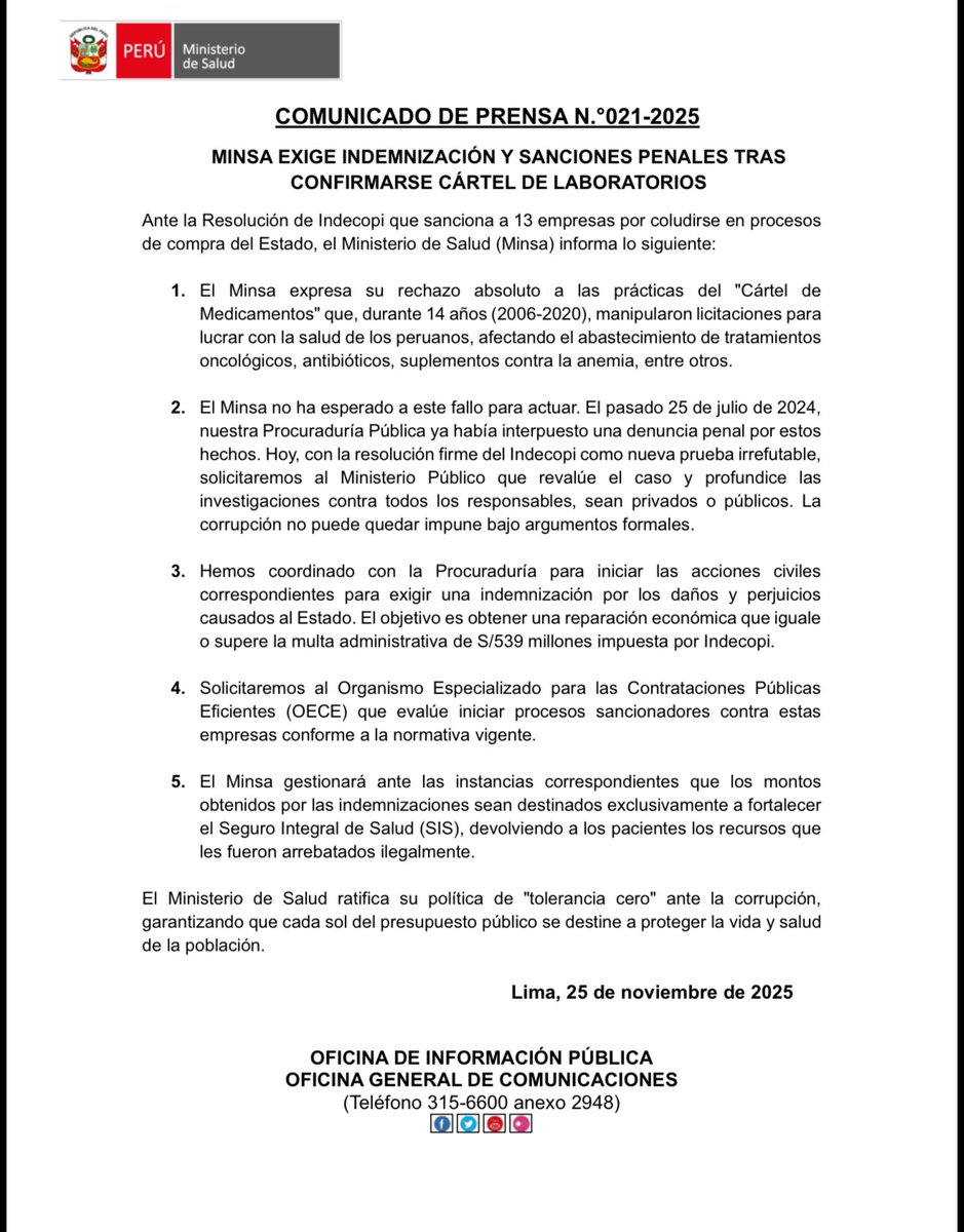 El <a href="/Minsa_Peru/">Ministerio de Salud</a> pide sanciones penales para los involucrados en el cartel de las farmacéuticas. En el documento recién cuentan que denunciaron el caso en julio del 2024 y ahora piden que <a href="/FiscaliaPeru/">Ministerio Público</a> haga su trabajo. Lo que deberían hacer es exponer a los funcionarios y