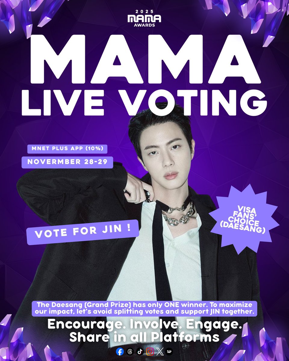 01Btsxarmy's tweet image. 📢 | MAMA 2025 &quot;LIVE VOTING&quot; NOTICE

LIVE VOTE for &quot;VISA FANS&apos; CHOICE OF THE YEAR&quot; will be happening during the MAMA Awards 2025 cermony on Mnet Plus App! 

🚨 SHARE THIS ANNOUNCEMENT TO INFORM MORE ARMYS

⏰ Nov. 28 - 29, 2025

Ready your accounts &amp;amp; devices!