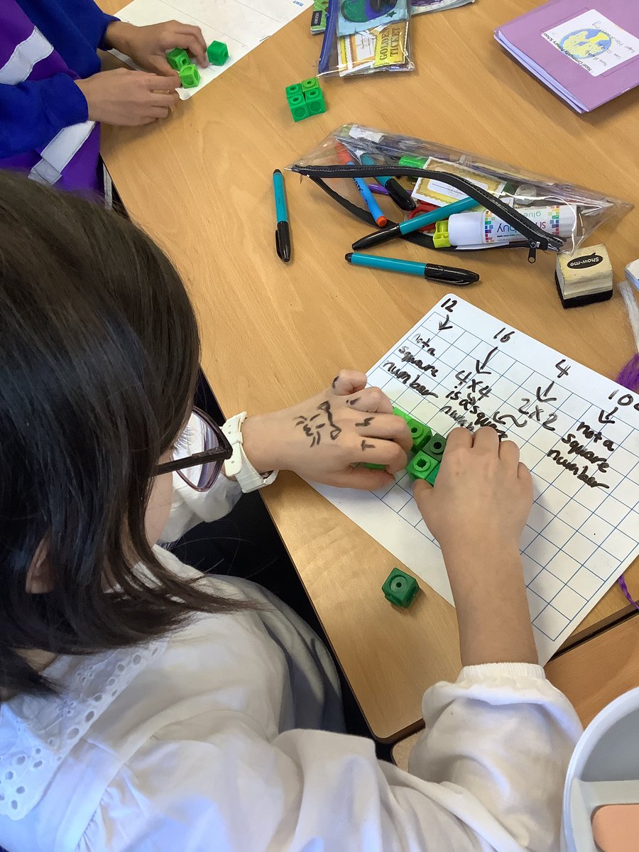 MrLinternHPS's tweet image. Year 5 have been investigating square numbers using cubes. They found square numbers and numbers that are not square and looked at the multiplication equation that it represents. @HazelSchool