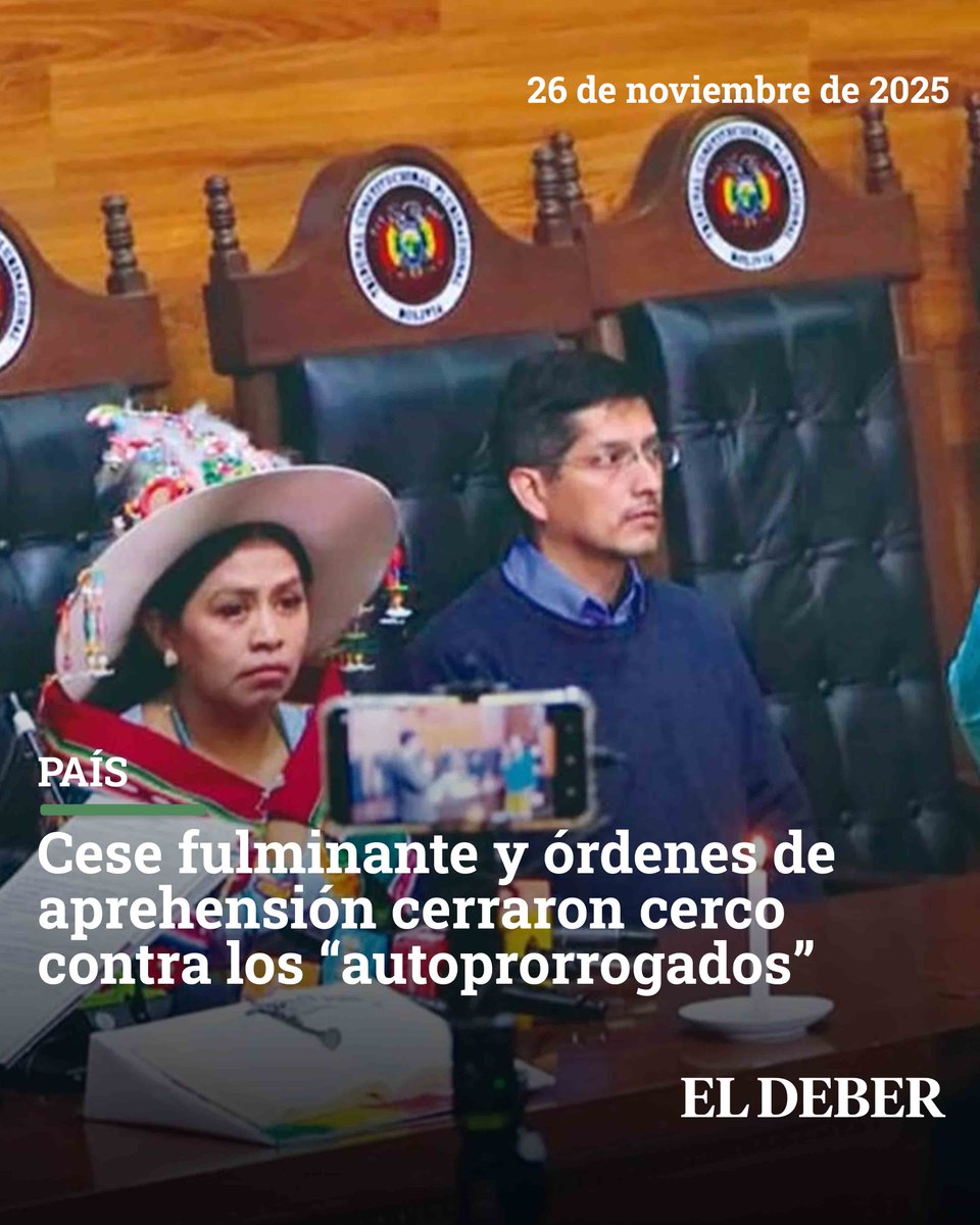 grupoeldeber's tweet image. Una sala potosina dispuso el cese inmediato de los cinco “autoprorrogados” del TCP, mientras un juzgado cruceño ordenó su aprehensión, en una jornada intensa. Por la noche, los magistrados electos en 2024 asumieron el control del tribunal.
📌eldeber.com.bo/s/n_1764152551

#ElDeber #TCP…