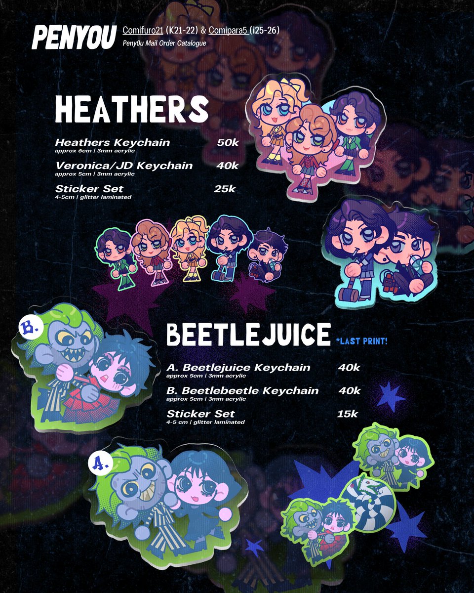 [🩶&amp;🔃 appreciated!]
Peny0u's #CF21 aftersale 

✨Hamilton, Heathers, Beetlejuice, Death Note, NANA, Original, Malice Mizer, Nosferatu, Karaoke Iko etc; 
📅 21 Nov-8 Des 2025

#comifuro21catalog #comifuro21 #CFXXI 
(1/2) ⏬