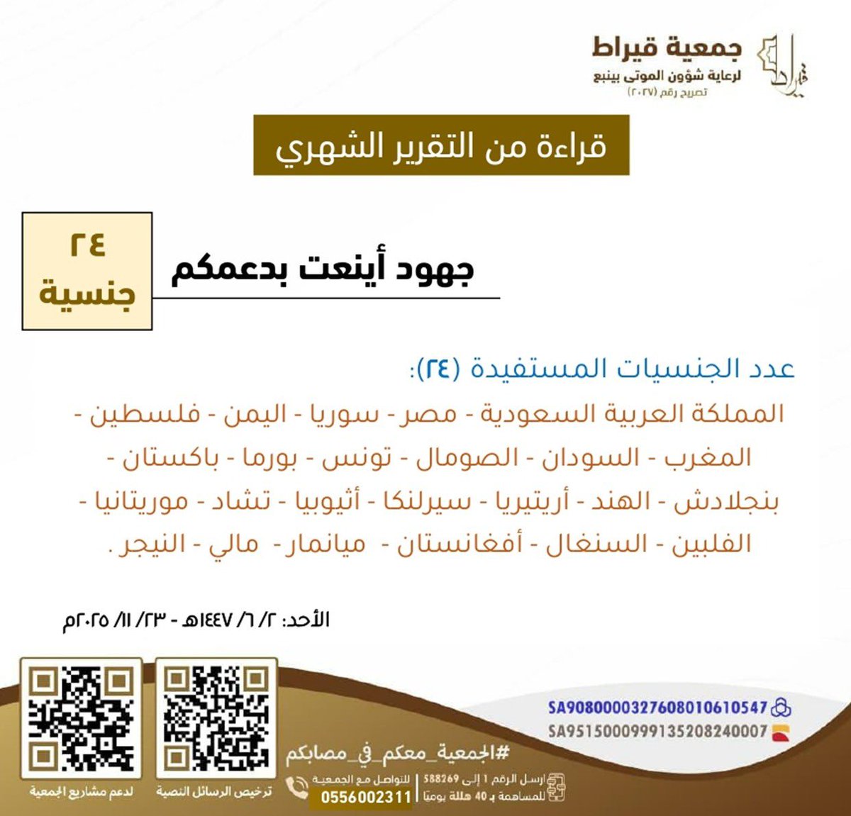 #جمعية_قيراط

شكرا لكم ثقتكم بجمعيتكم..🤝🤲
قيراط.. إكرام ومواساة، وخير يمتد .🌾💙